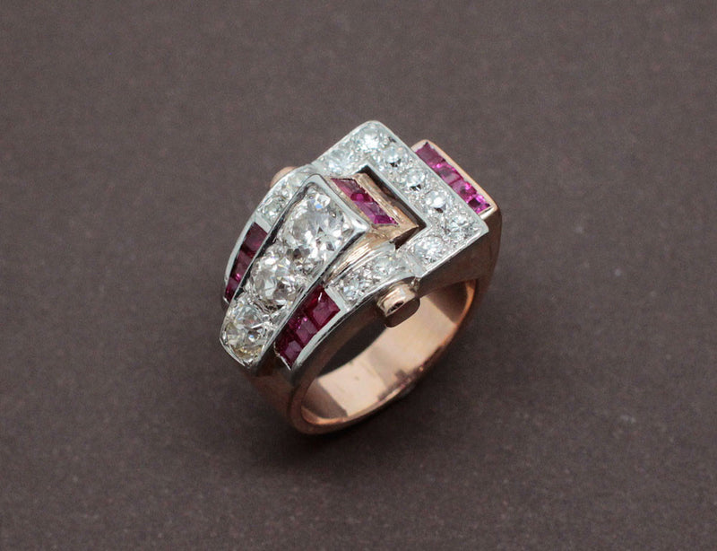 Bague Art Déco Diamants Rubis et Or Rose