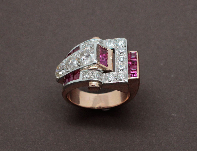 Bague Art Déco Diamants Rubis et Or Rose
