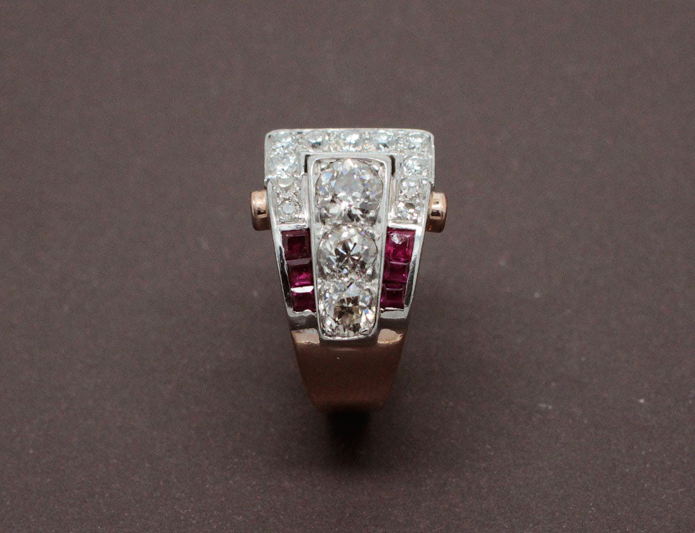 Bague Art Déco En Or Blanc 18k - Perle épaulée De Diamants Roses - Taille 54