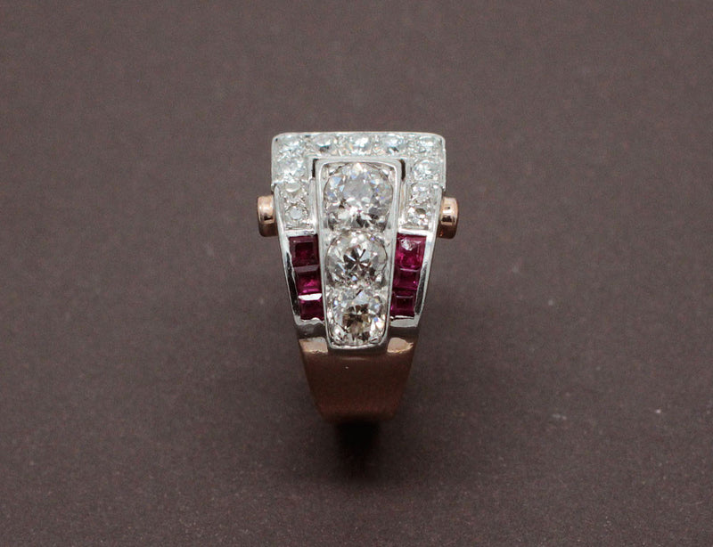 Bague Art Déco Diamants Rubis et Or Rose