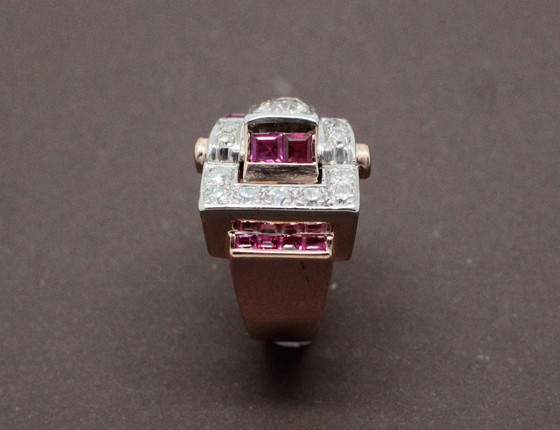 Bague Art Déco Diamants Rubis et Or Rose