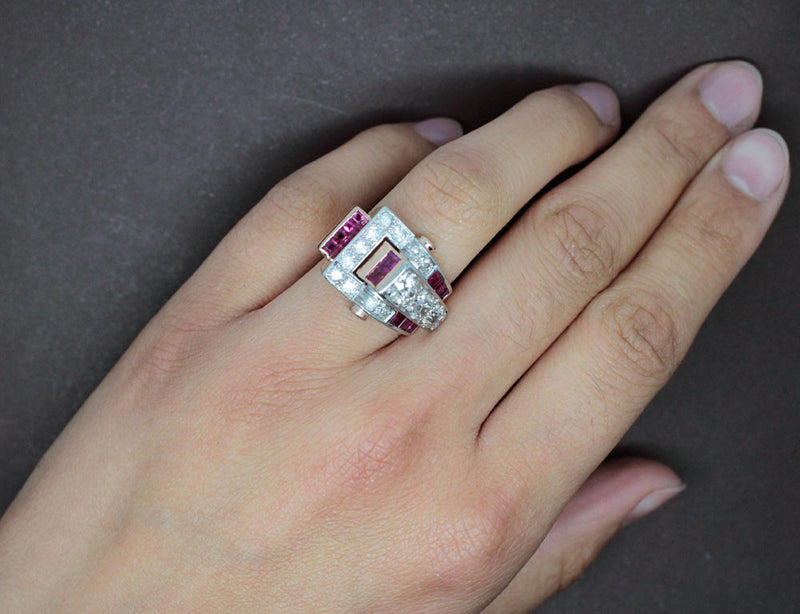 Bague Art Déco Diamants Rubis et Or Rose