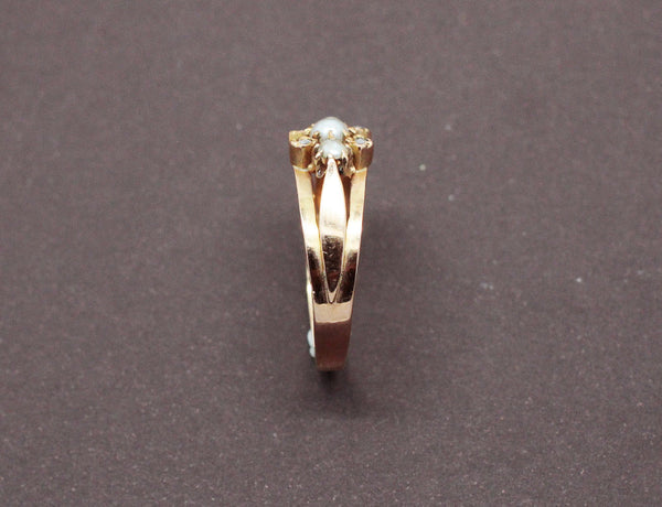 Bague Ancienne En Or Rose 14k Avec Perles Et Cheveux - Bijou Souvenir XIXe Siècle, Taille 59 - Occasion