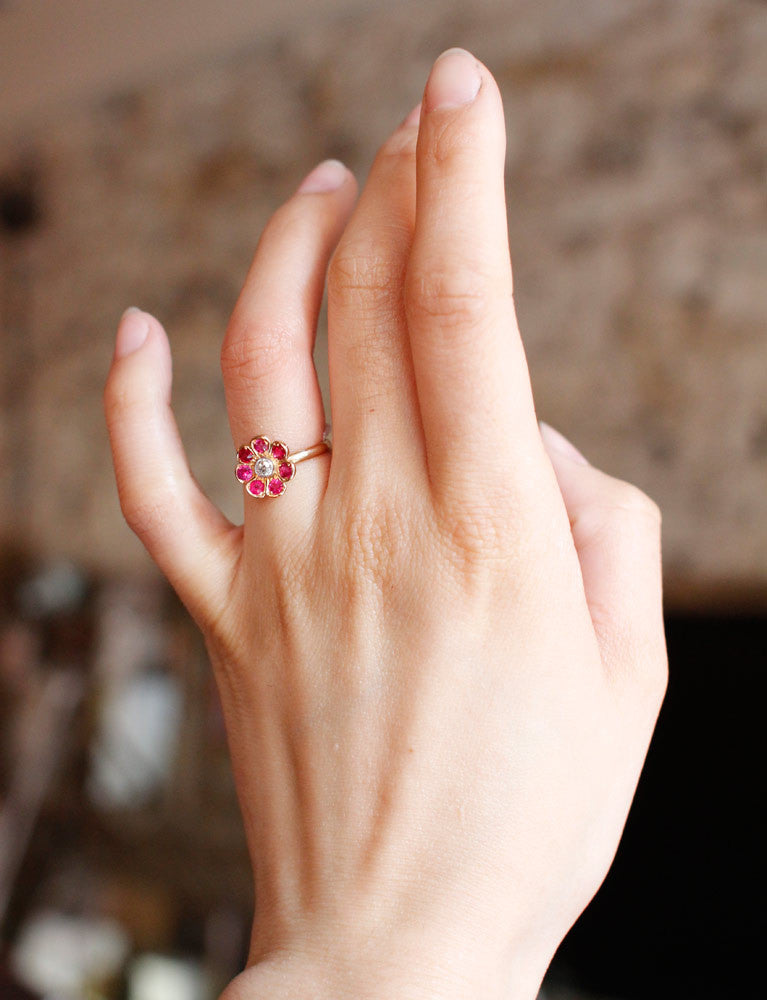 Bague Fleur Or Rubis Diamants