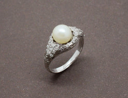 Bague Art Deco Perle et Diamants Or Blanc