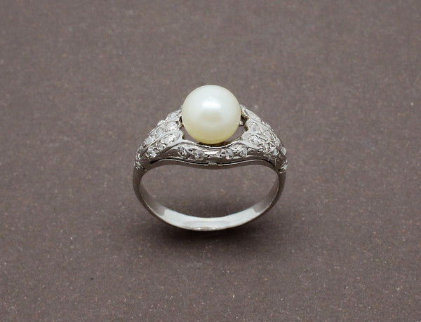 Bague Art Deco Perle et Diamants Or Blanc