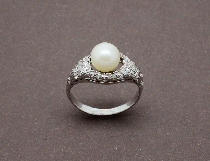Bague Art Deco Perle et Diamants Or Blanc