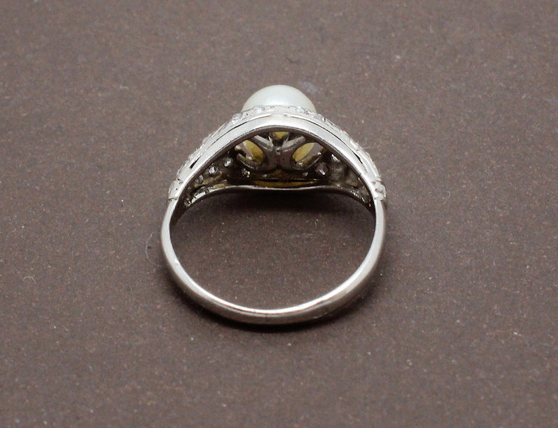 Bague Art Deco Perle et Diamants Or Blanc