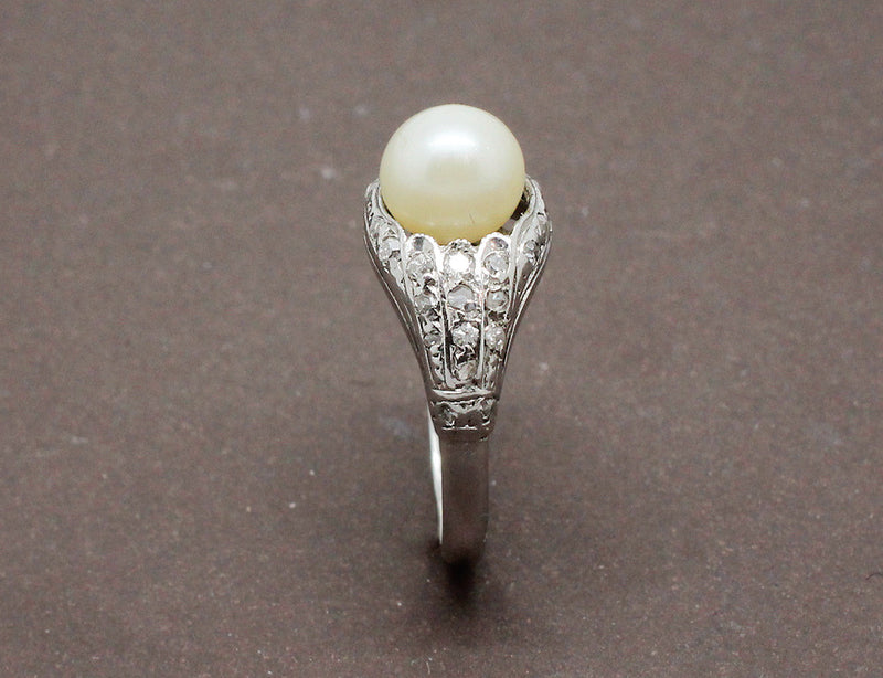 Bague Art Deco Perle et Diamants Or Blanc