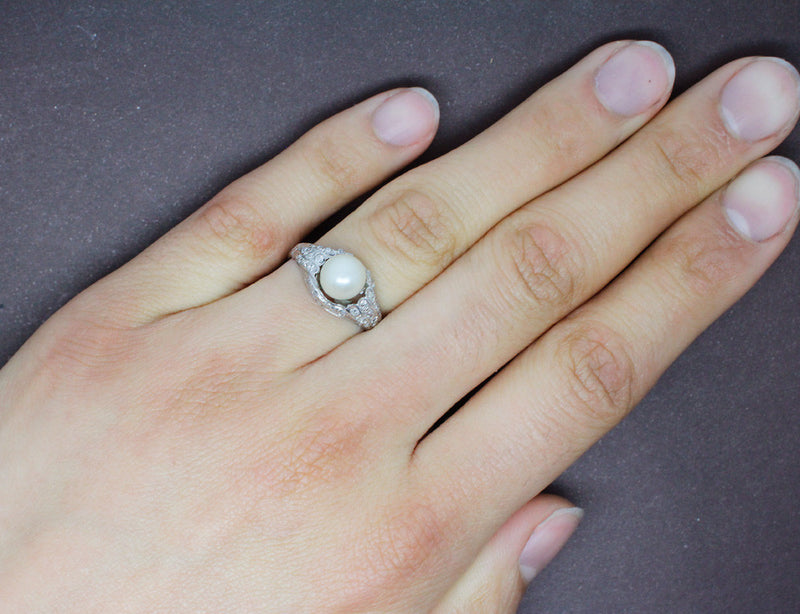 Bague Art Deco Perle et Diamants Or Blanc