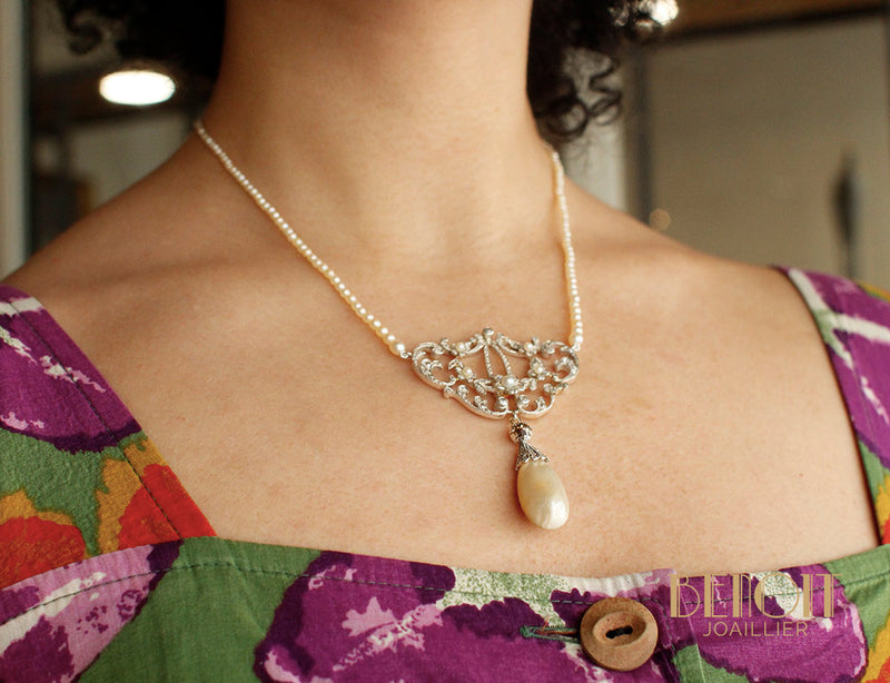 Collier XIXe Perles Fines Diamants