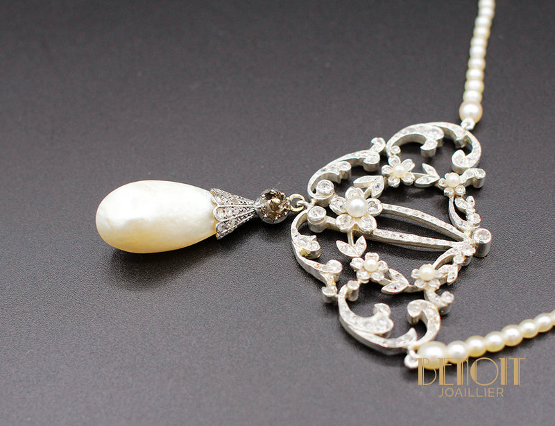 Collier XIXe Perles Fines Diamants