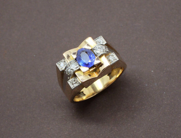 Bague Tank Or Jaune Platine Saphir et Diamants