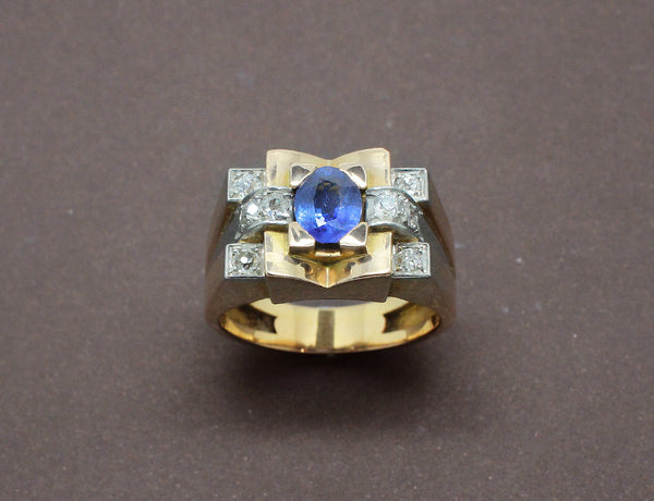 Bague Tank Or Jaune Platine Saphir et Diamants