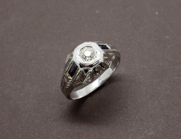 Chevalière Art Déco Diamant et Saphirs