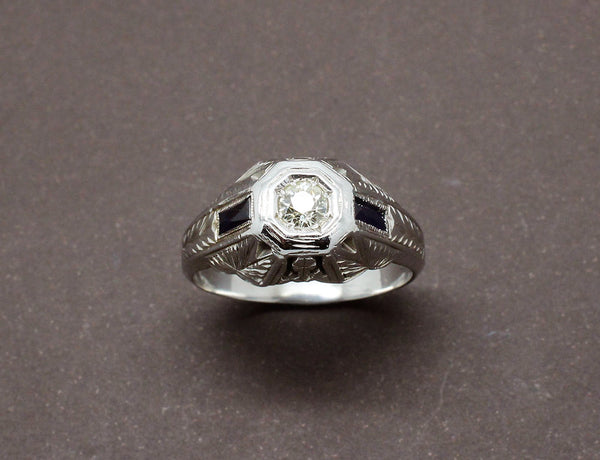 Chevalière Art Déco Diamant et Saphirs