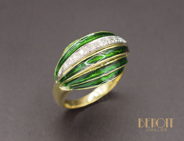 Bague Art Déco Email Vert et Diamants