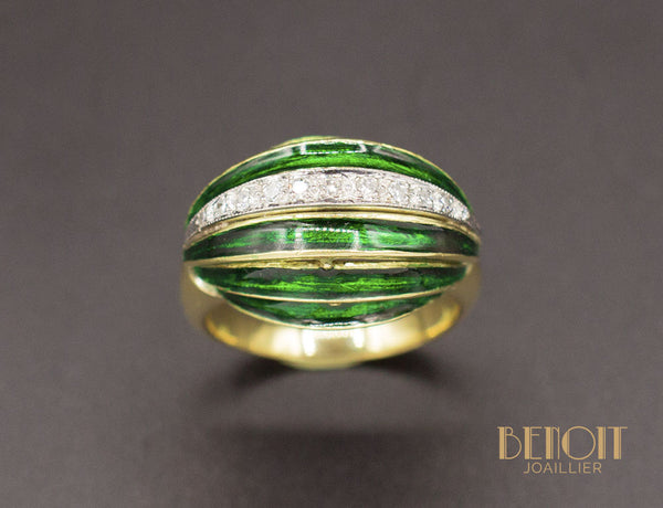 Bague Art Déco Email Vert et Diamants