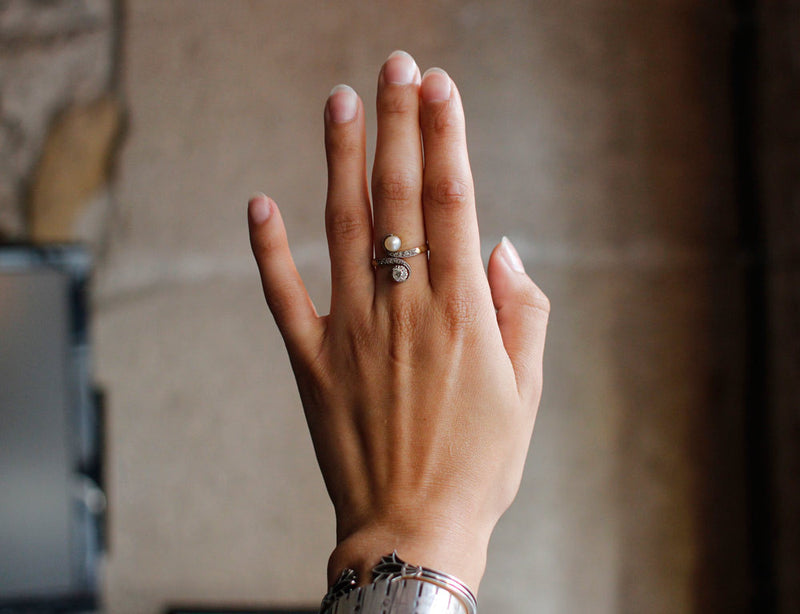Bague Toi et Moi Perle Fine et Diamant