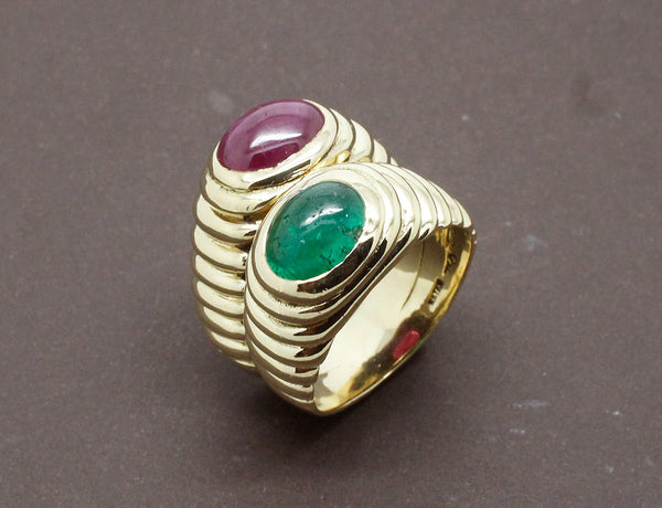 Bague Double Jonc Emeraude et Rubis