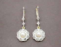 Boucles Pendantes Fleurs Perles et Diamants