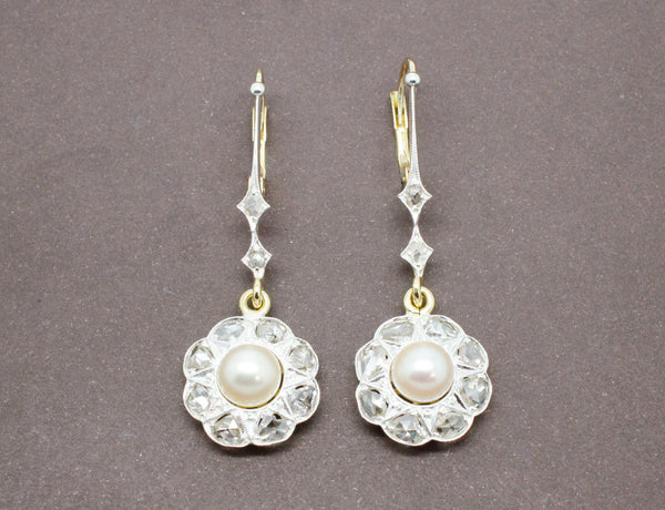 Boucles Pendantes Fleurs Perles et Diamants