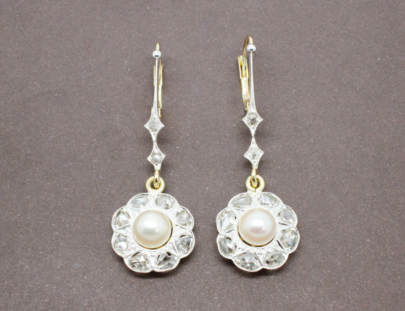 Boucles Pendantes Fleurs Perles et Diamants