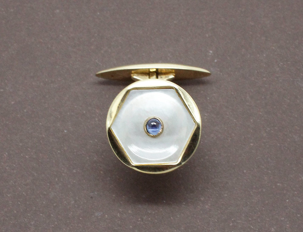 Boutons De Manchette Anciens En Or Massif Avec Nacre Et Diamants - Cufflinks Dorés Vintage