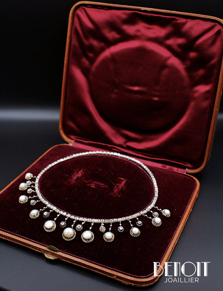 Collier Perles Diamants XIXe Siècle