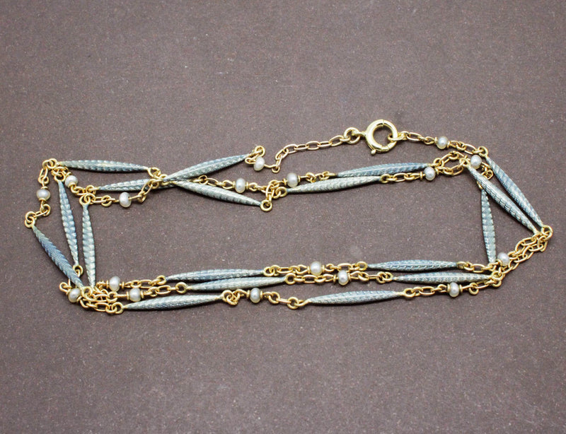 Sautoir Ancien XIXe Or Email et Perles