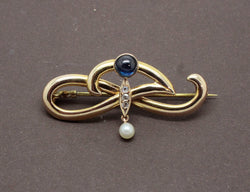 Broche Art Nouveau Saphir et Perle Fine