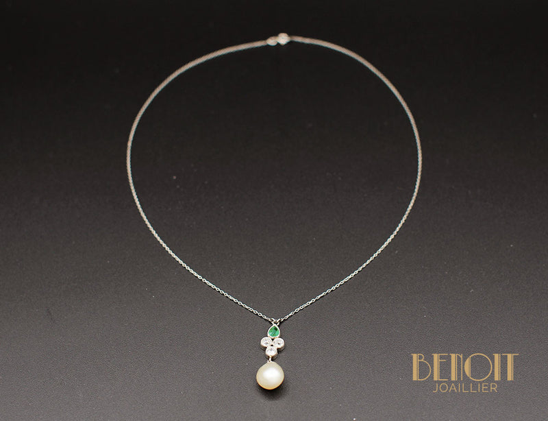Pendentif Emeraude Diamants Perle