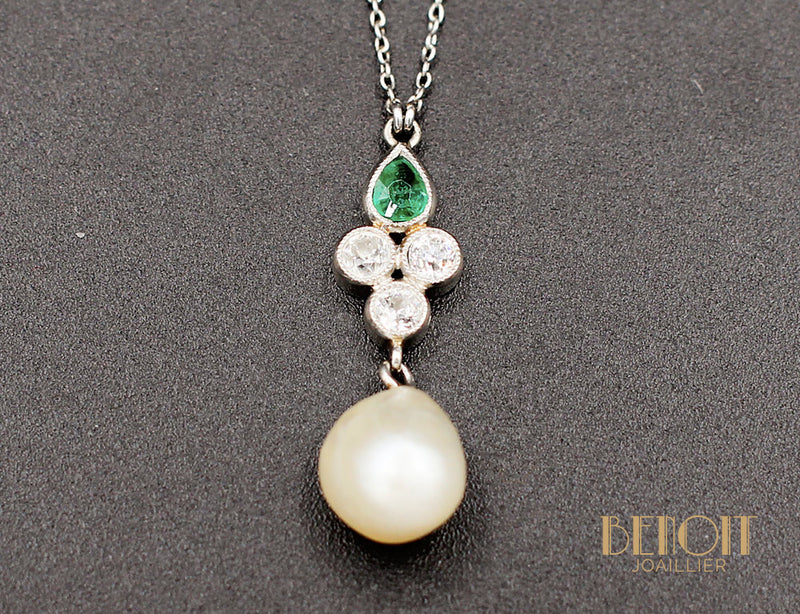 Pendentif Emeraude Diamants Perle