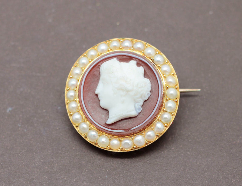Broche Camée Or Perles Agate