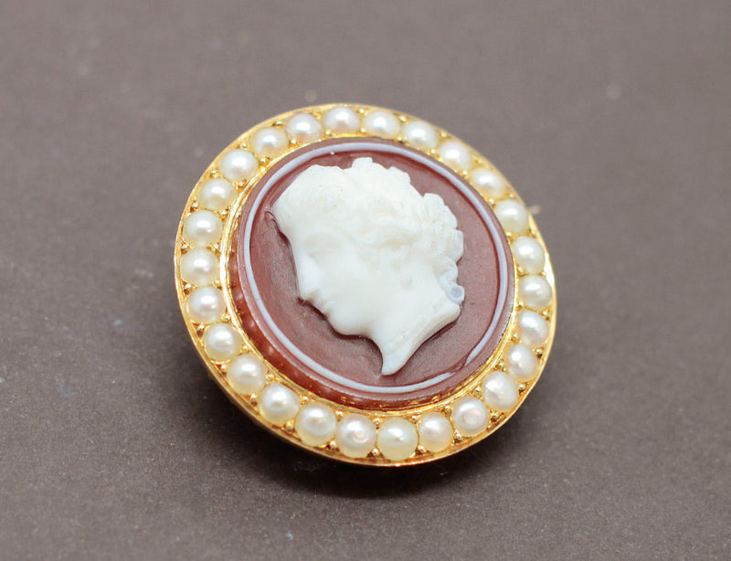 Broche Camée Or Perles Agate