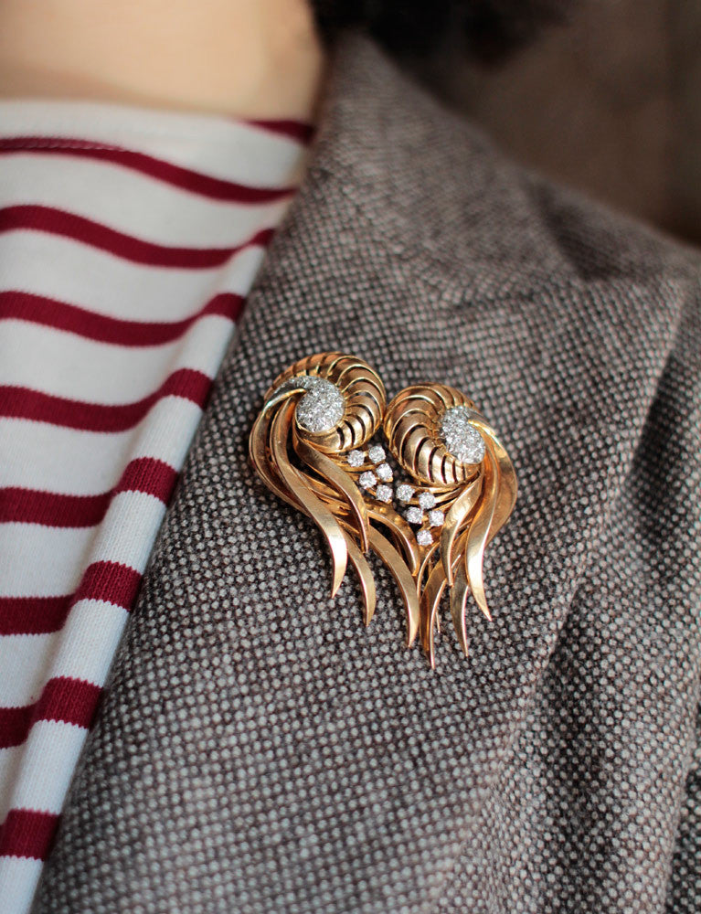 Broche 1950 Double Clip Or et Diamants