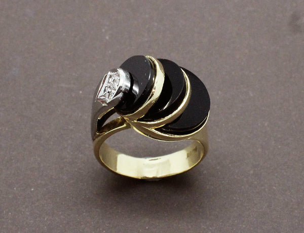 Bague Art Déco Moderniste Onyx et Diamants