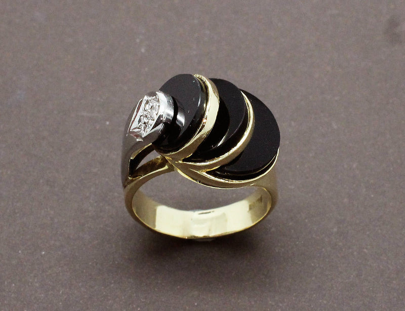 Bague Art Déco Moderniste Onyx et Diamants