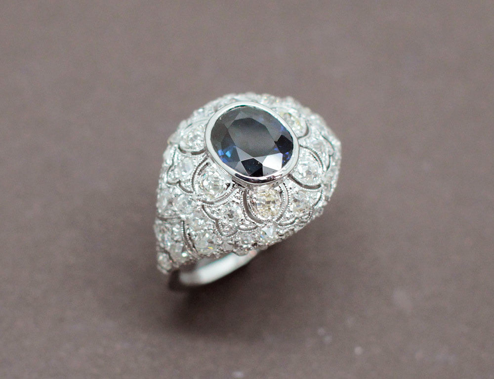 Bague Ancienne En Argent Massif 925 Avec Marcassite Ovale Grise - Taille 52, Occasion Excellent état