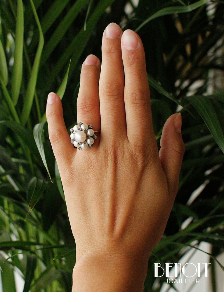 Bague Fleur Perles et Diamants