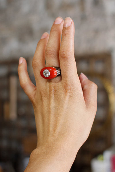 Bague Art Déco En Argent Massif Sertie D'une Cornaline - Taille 53 (environ 16.5), Occasion