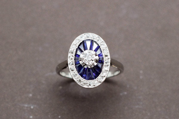 Bague Art Déco Ovale Saphirs Diamants