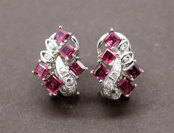 Boucles d'Oreilles Rubis Carrés et Diamants
