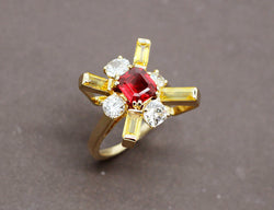 Bague Cocktail Rubellite Diamant Saphirs Jaune