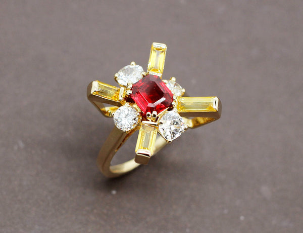 Bague Cocktail Rubellite Diamant Saphirs Jaune