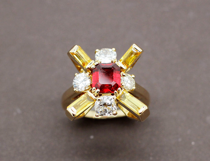 Bague Cocktail Rubellite Diamant Saphirs Jaune
