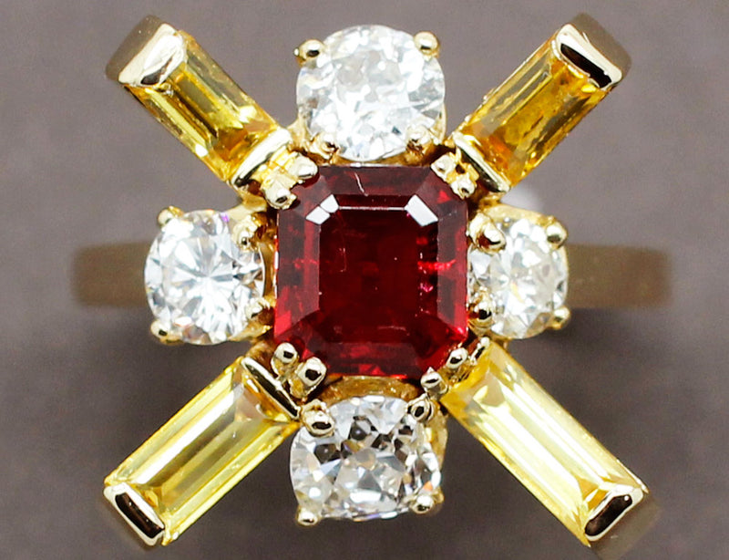 Bague Cocktail Rubellite Diamant Saphirs Jaune