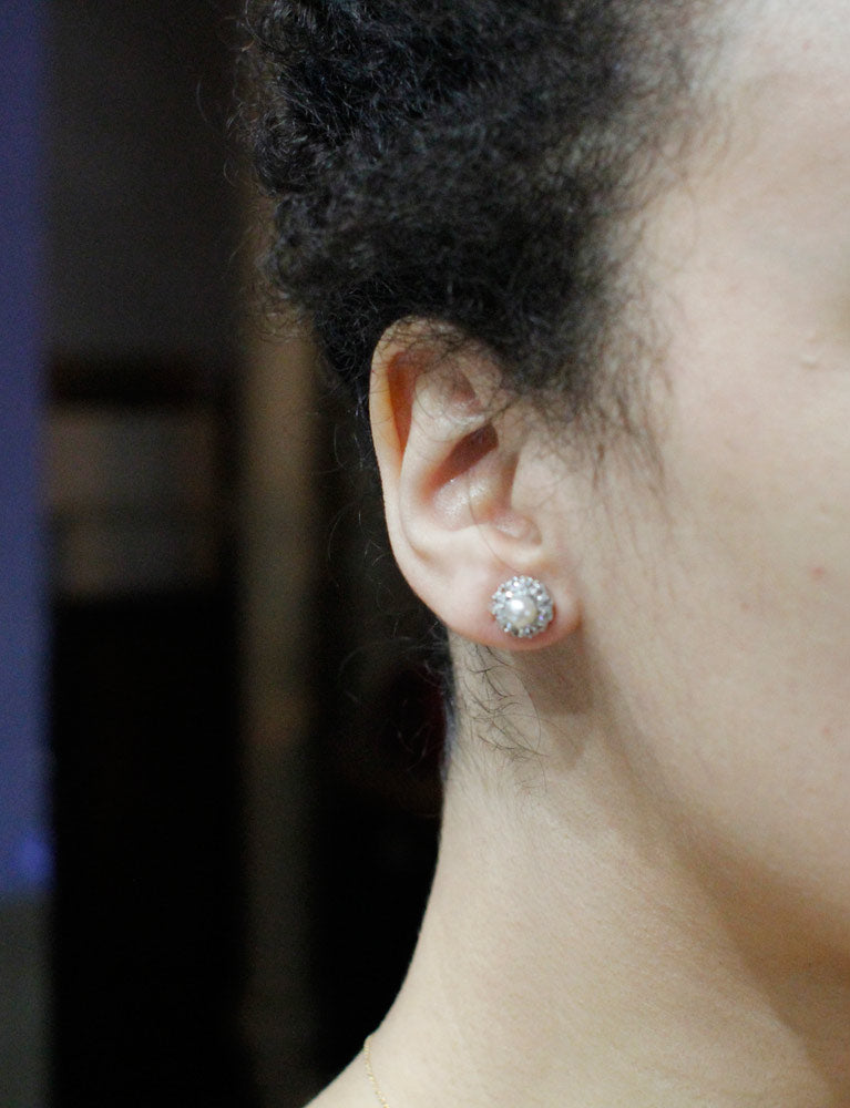 Boucles d'Oreilles Fleur Perle Diamants