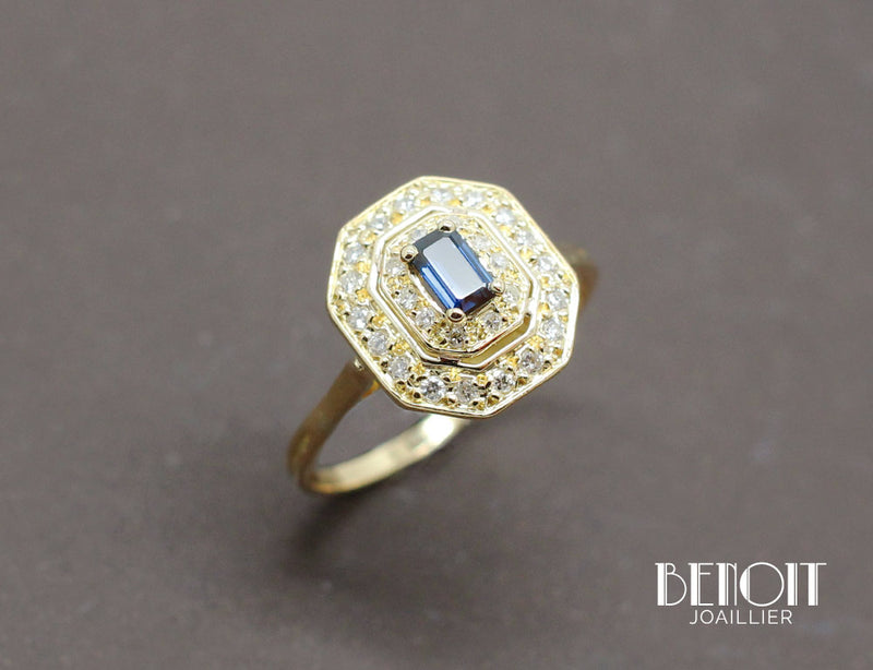 Bague Octogonale Saphir Diamants