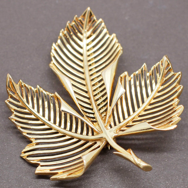 Broche Vintage Grande Feuille Couleur Or Effet Diamanté - Bon état, Bijou Fantaisie 3346
